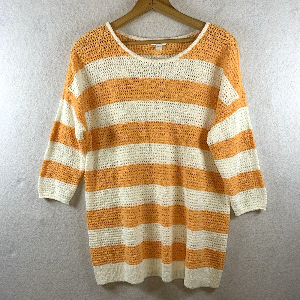 J Jill Womens Open Knit Tunic Top Sz S Petite Striped Coastal Beachy Resort